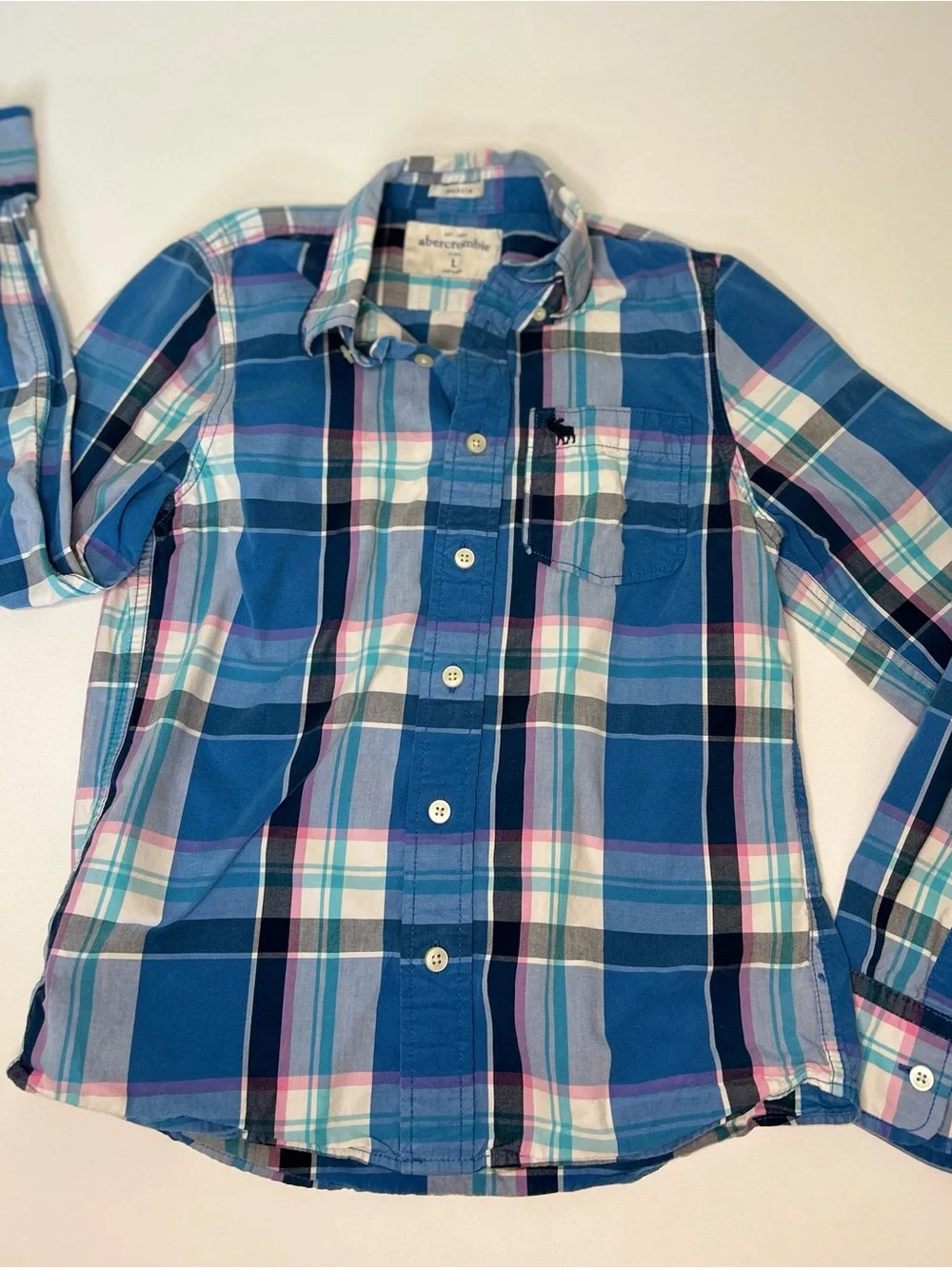 Vintage Y2K Abercrombie Kids Plaid Button Down Shirt Blue Pink Muscle Fit L